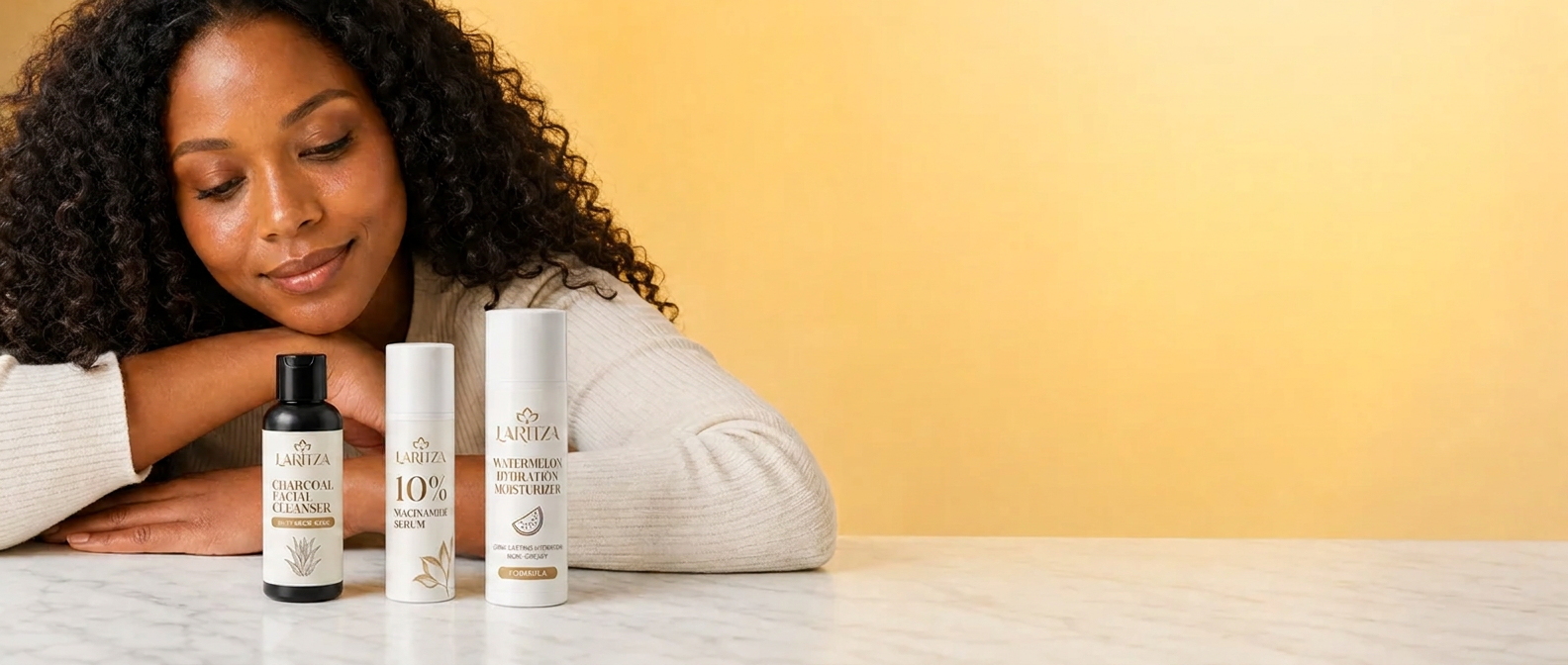 Woman with LARITZA Charcoal Cleanser, the supplied 10% Niacinamide Serum in the middle, and Watermelon Moisturizer